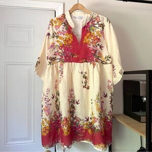 LE REGARRE Italy cream red floral linen popover babydoll 3/4 sleeve mini dress